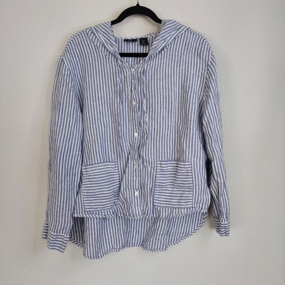 Tahari Striped Linen Hooded Button Front Longsleeve Top Size Large‎ Nautical